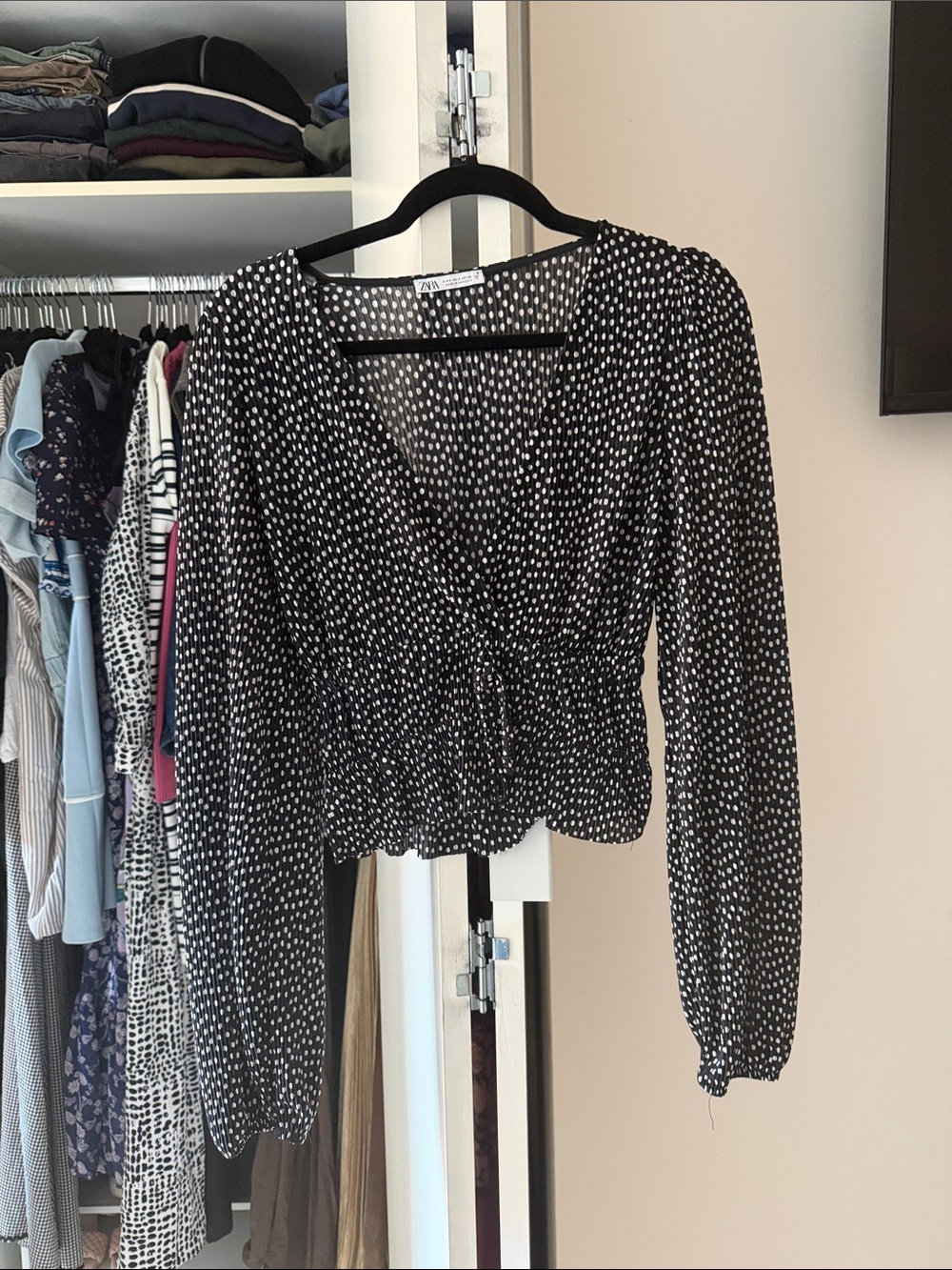 Zara Black and White Dotted V-Neck Long Sleeve Blouse